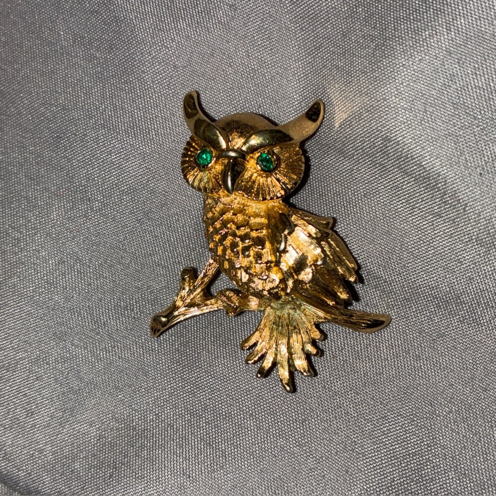Gold Owl Brooch with Green Rhinestone Eyes